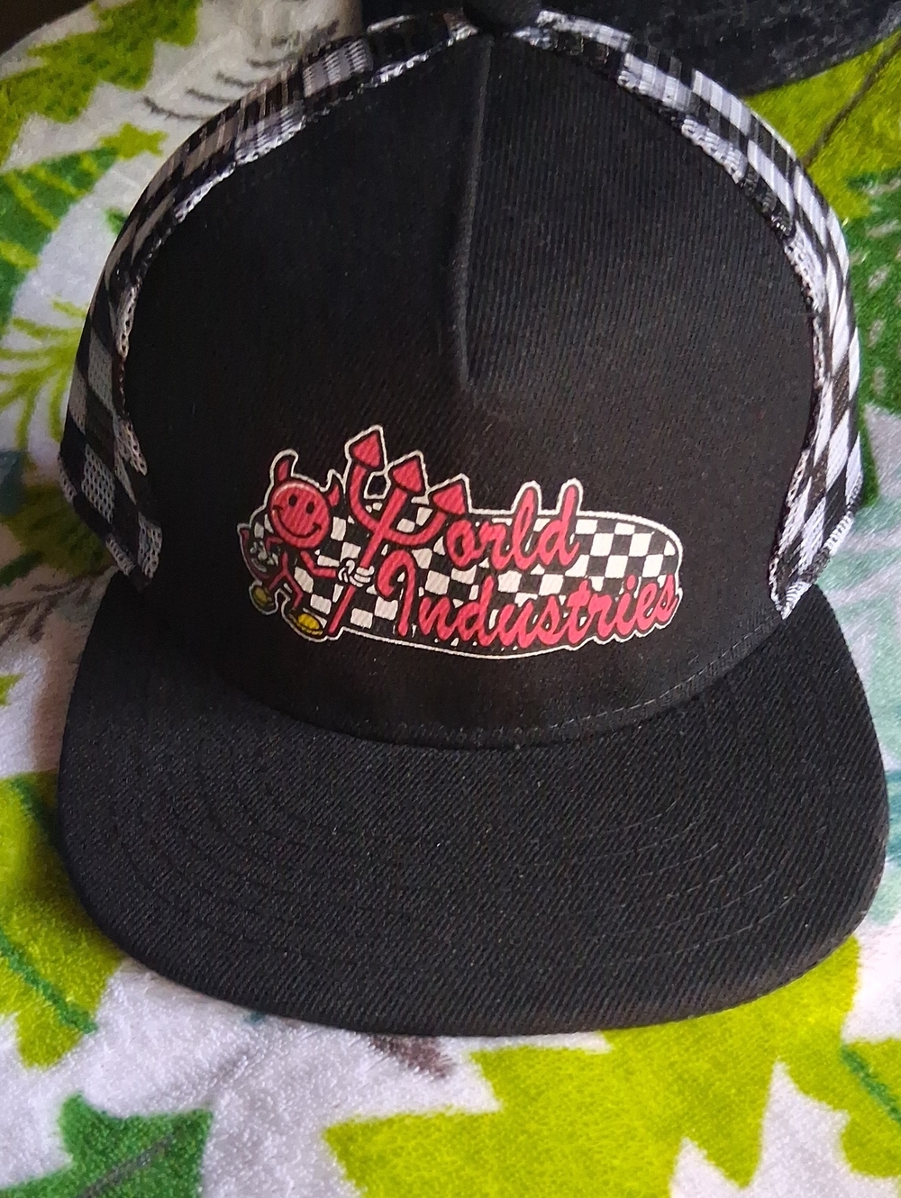 NWT! World Industries Black Trucker Hat with B&W Checker Print